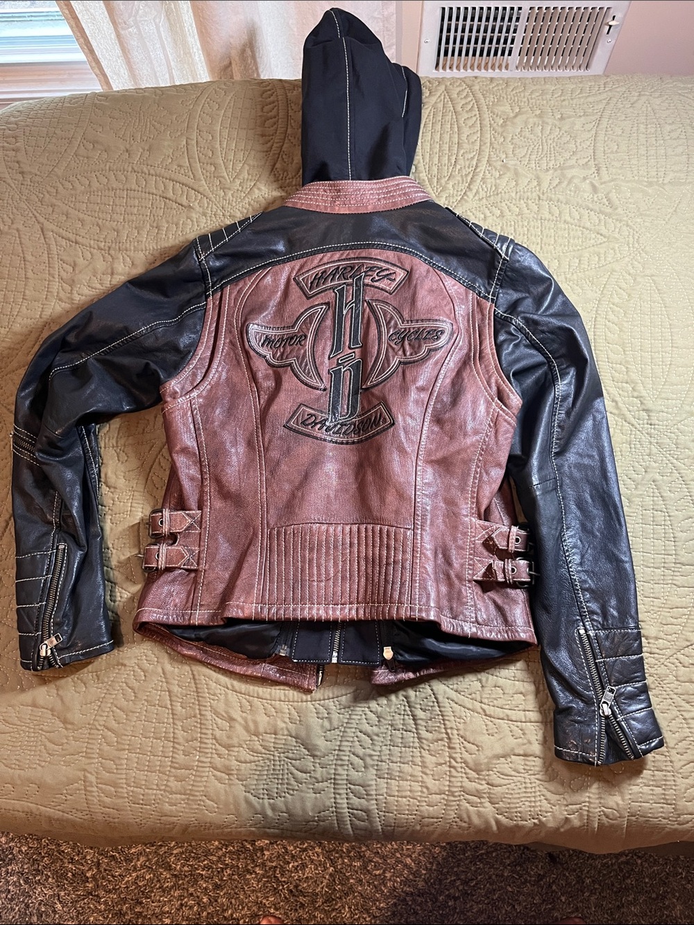HARLEY DAVIDSON Ladies 3in1 Brown/Black Leather Moto Jacket Embroidered PERFECT - Picture 1 of 10
